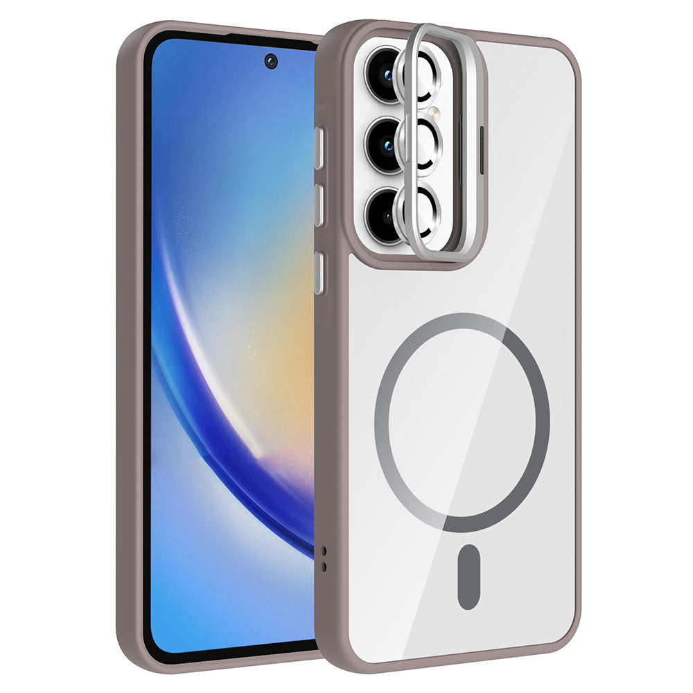 Galaxy A35 Kılıf Standlı ve Kamera Lens Hediyeli M-Safe Şarj Özellikli Zore Etro Kapak Gri