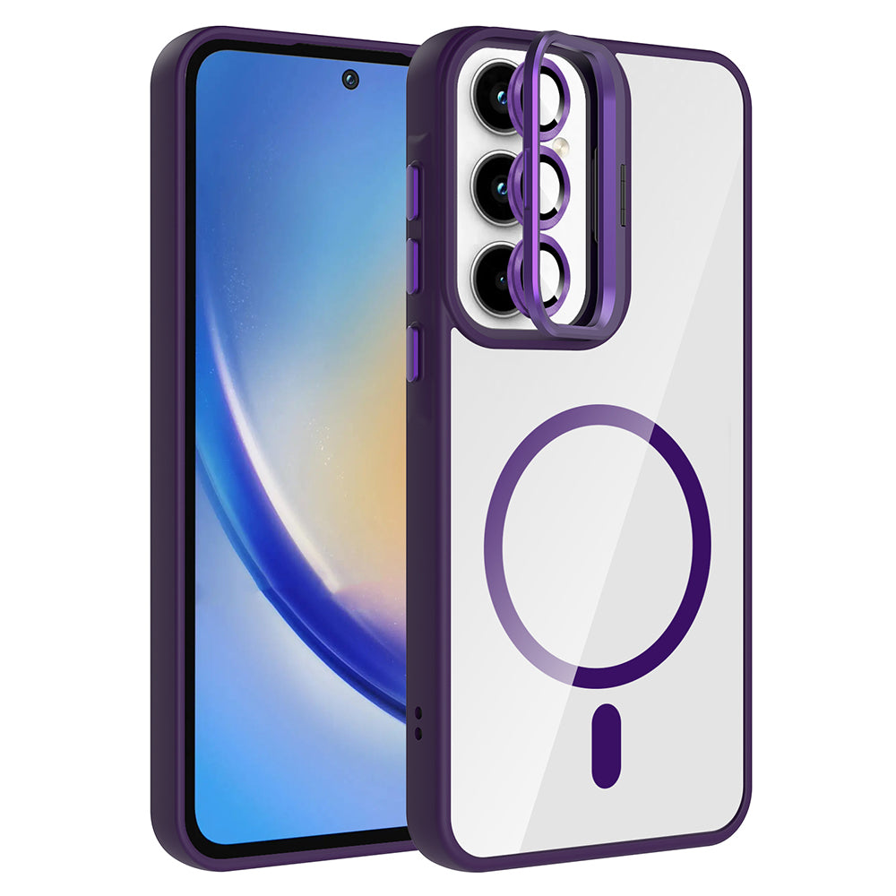 Galaxy A35 Kılıf Standlı ve Kamera Lens Hediyeli M-Safe Şarj Özellikli Zore Etro Kapak Derin Mor