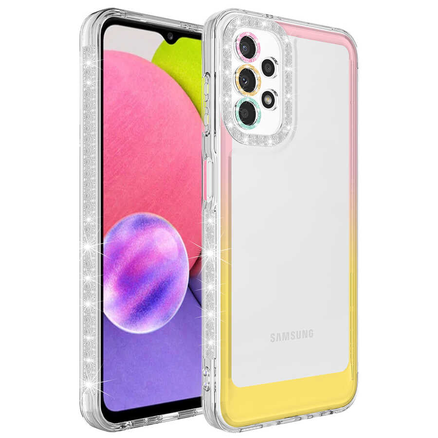 Galaxy A52 Kılıf Simli ve Renk Geçiş Tasarımlı Lens Korumalı Zore Park Kapak Beyaz-Pembe