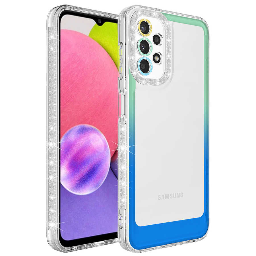 Galaxy A53 5G Kılıf Simli ve Renk Geçiş Tasarımlı Lens Korumalı Zore Park Kapak Yeşil-Mavi
