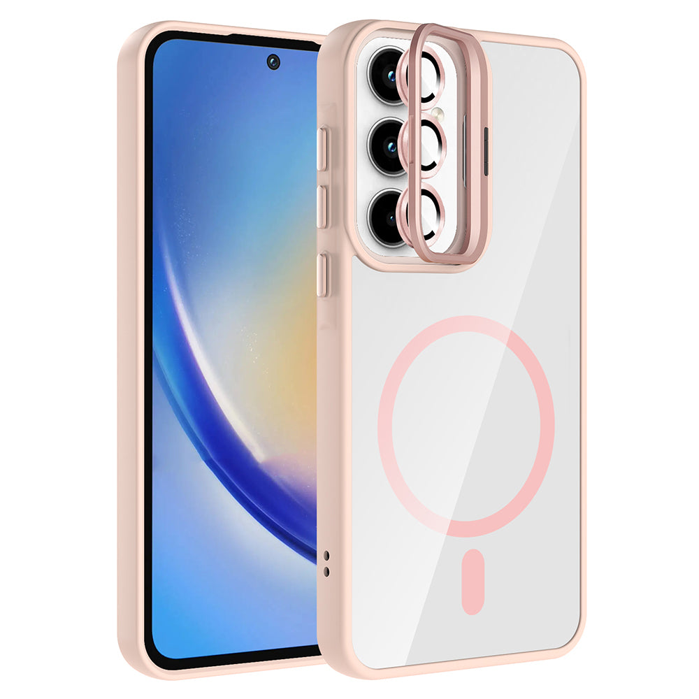 Galaxy A55 Kılıf Standlı ve Kamera Lens Hediyeli M-Safe Şarj Özellikli Zore Etro Kapak Gri