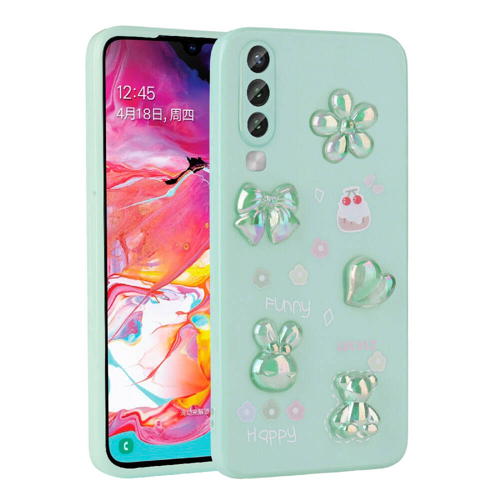 Galaxy A70 Kılıf Kabartma Figürlü Parlak Zore Toys Silikon Kapak Mor