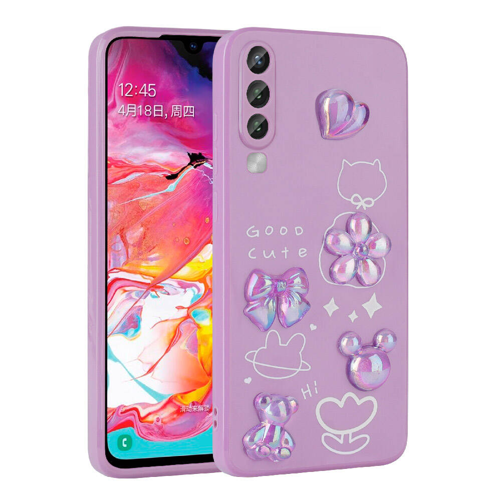 Galaxy A70 Kılıf Kabartma Figürlü Parlak Zore Toys Silikon Kapak Mor