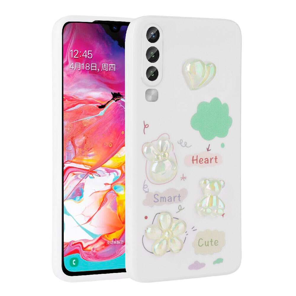 Galaxy A70 Kılıf Kabartma Figürlü Parlak Zore Toys Silikon Kapak Beyaz