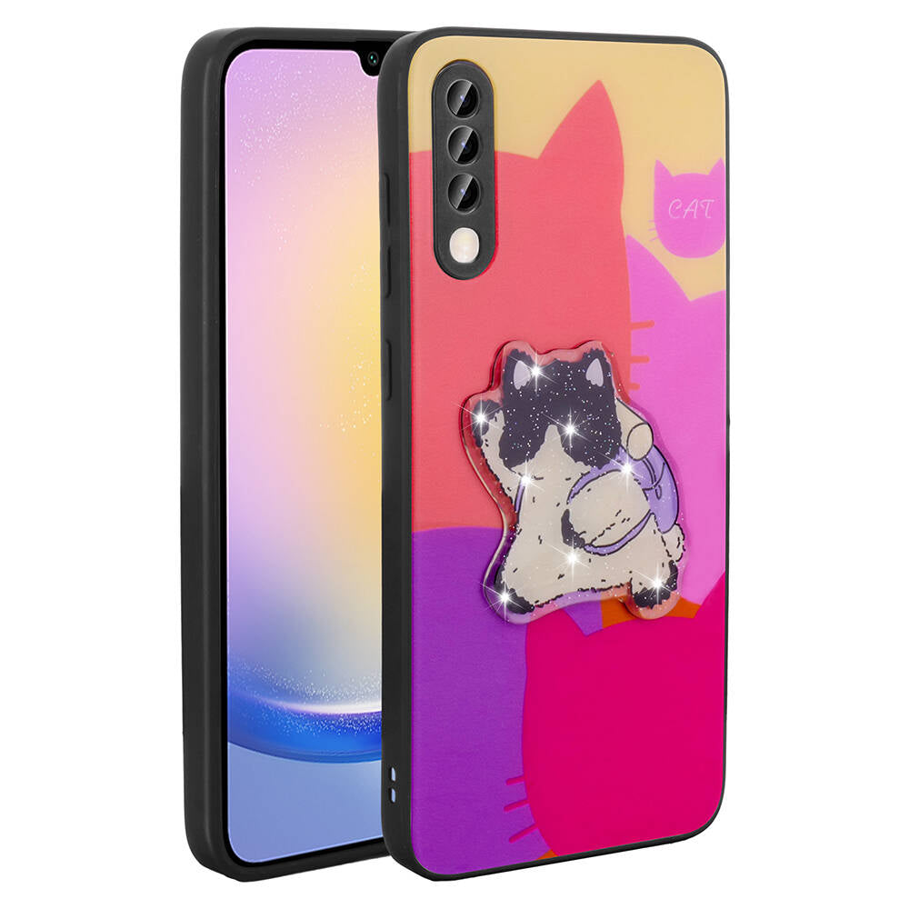 Galaxy A70 Kılıf Parlayan Kabartmalı İkonik Figürlü Zore Amas Silikon Kapak Mor