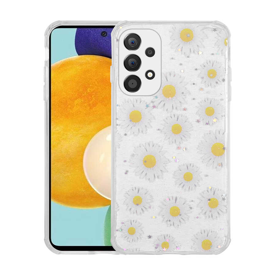 Galaxy A73 Kılıf Simli Desenli Kamera Korumalı Parlak Zore Popy Kapak Papatya