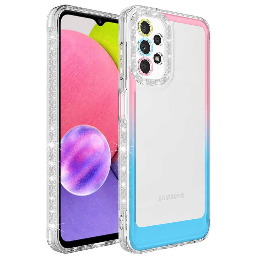 Galaxy A73 Kılıf Simli ve Renk Geçiş Tasarımlı Lens Korumalı Zore Park Kapak Mavi-Mor