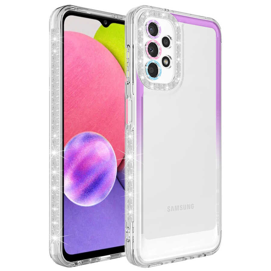 Galaxy A73 Kılıf Simli ve Renk Geçiş Tasarımlı Lens Korumalı Zore Park Kapak Mor-Beyaz