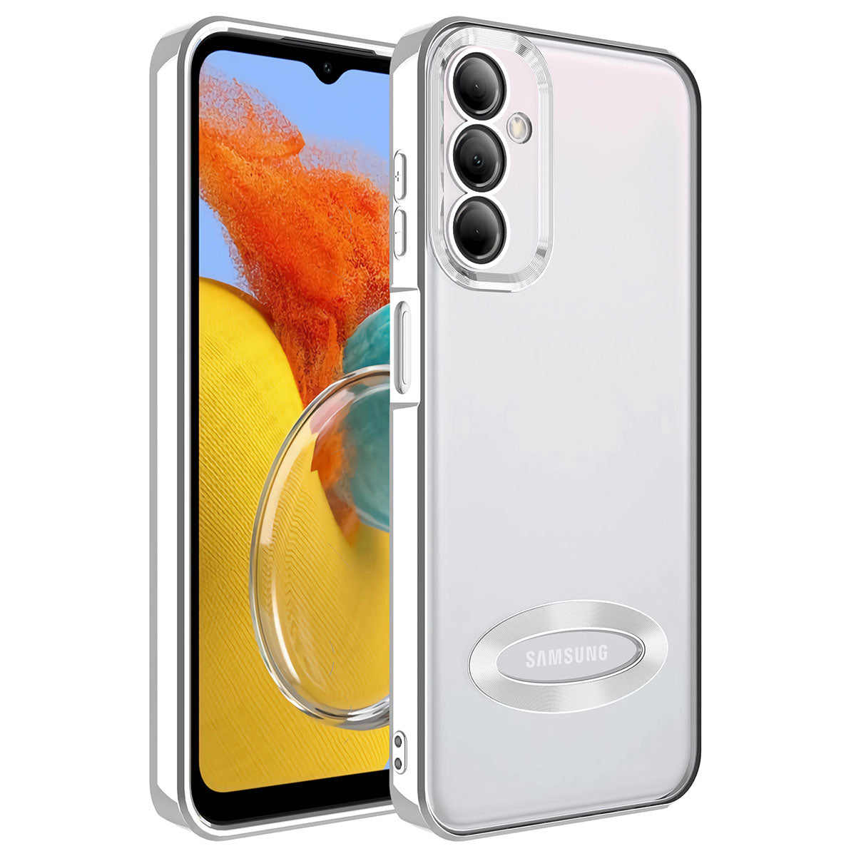 Galaxy M14 Kılıf Kamera Korumalı Logo Gösteren Zore Omega Kapak Gümüş