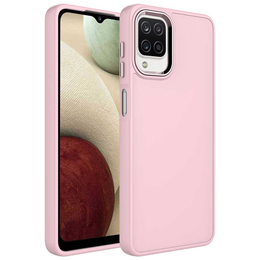 Galaxy M22 Kılıf Metal Çerçeve ve Buton Tasarımlı Silikon Zore Luna Kapak Pembe