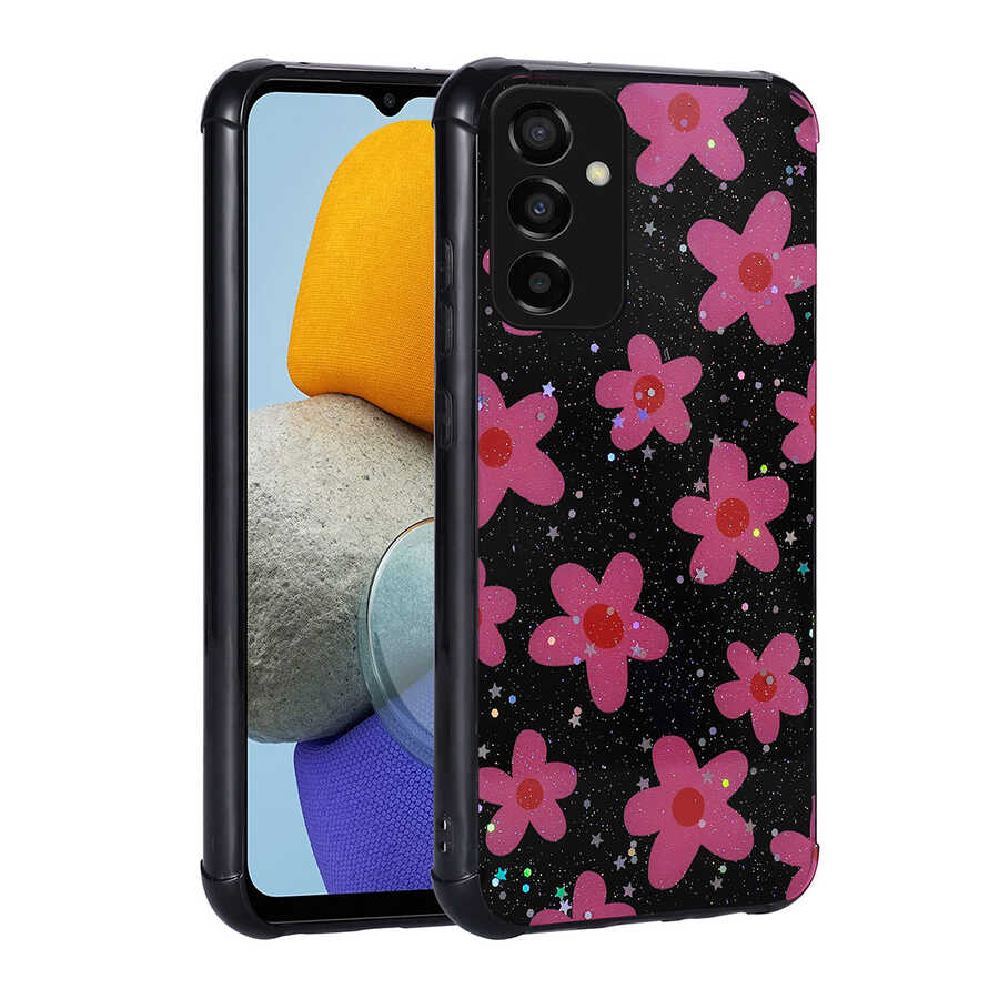 Galaxy M23 Kılıf Simli Desenli Kamera Korumalı Parlak Zore Popy Kapak Çiçek