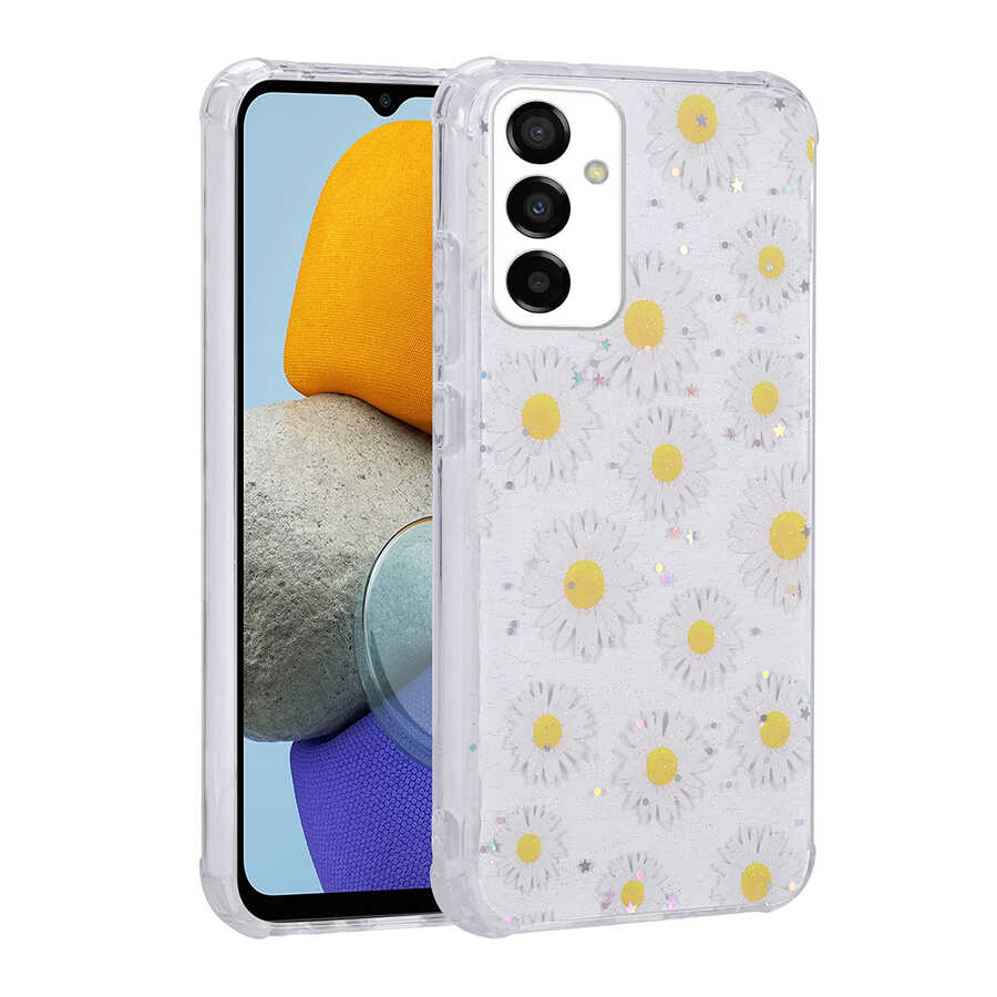 Galaxy M23 Kılıf Simli Desenli Kamera Korumalı Parlak Zore Popy Kapak Papatya