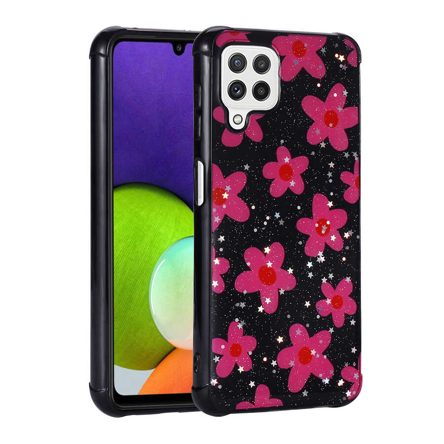 Galaxy M32 Kılıf Simli Desenli Kamera Korumalı Parlak Zore Popy Kapak Çiçek