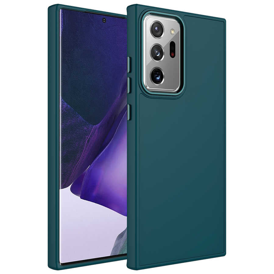 Galaxy Note 20 Ultra Kılıf Metal Çerçeve ve Buton Tasarımlı Silikon Zore Luna Kapak Koyu Yeşil