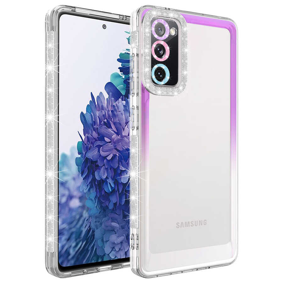 Galaxy S20 FE Kılıf Simli ve Renk Geçiş Tasarımlı Lens Korumalı Zore Park Kapak Pembe-Mavi