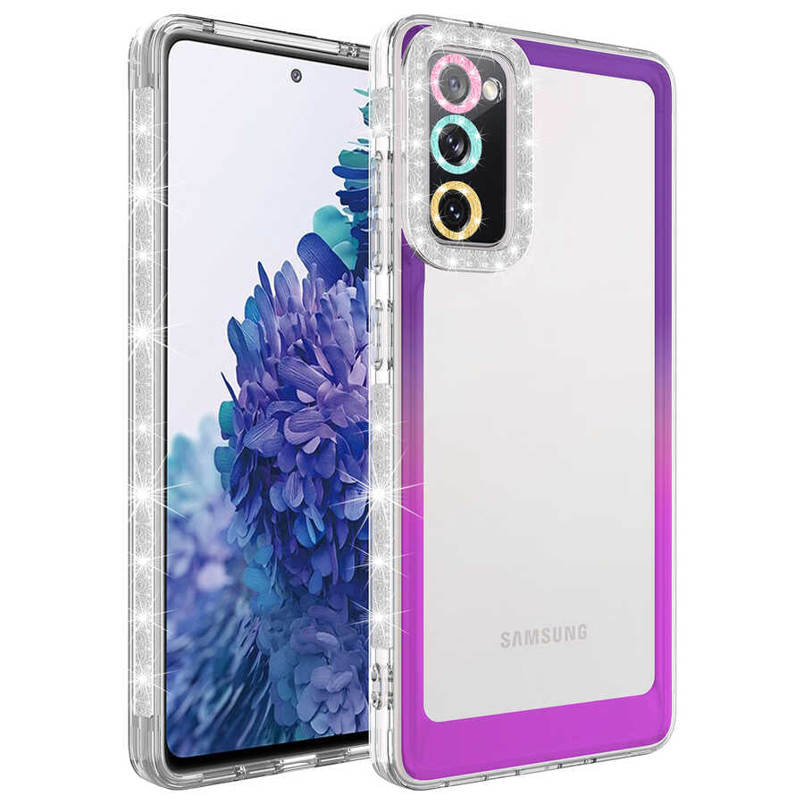 Galaxy S20 FE Kılıf Simli ve Renk Geçiş Tasarımlı Lens Korumalı Zore Park Kapak Mor-Pembe