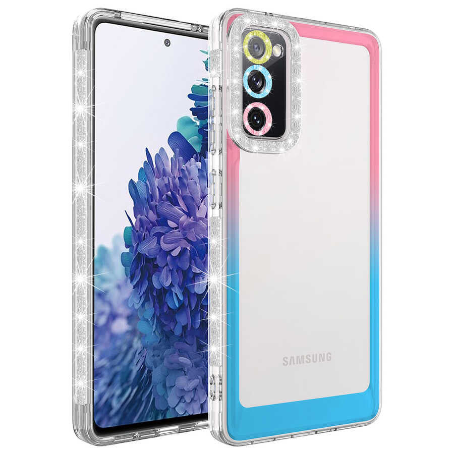 Galaxy S20 FE Kılıf Simli ve Renk Geçiş Tasarımlı Lens Korumalı Zore Park Kapak Pembe-Mavi
