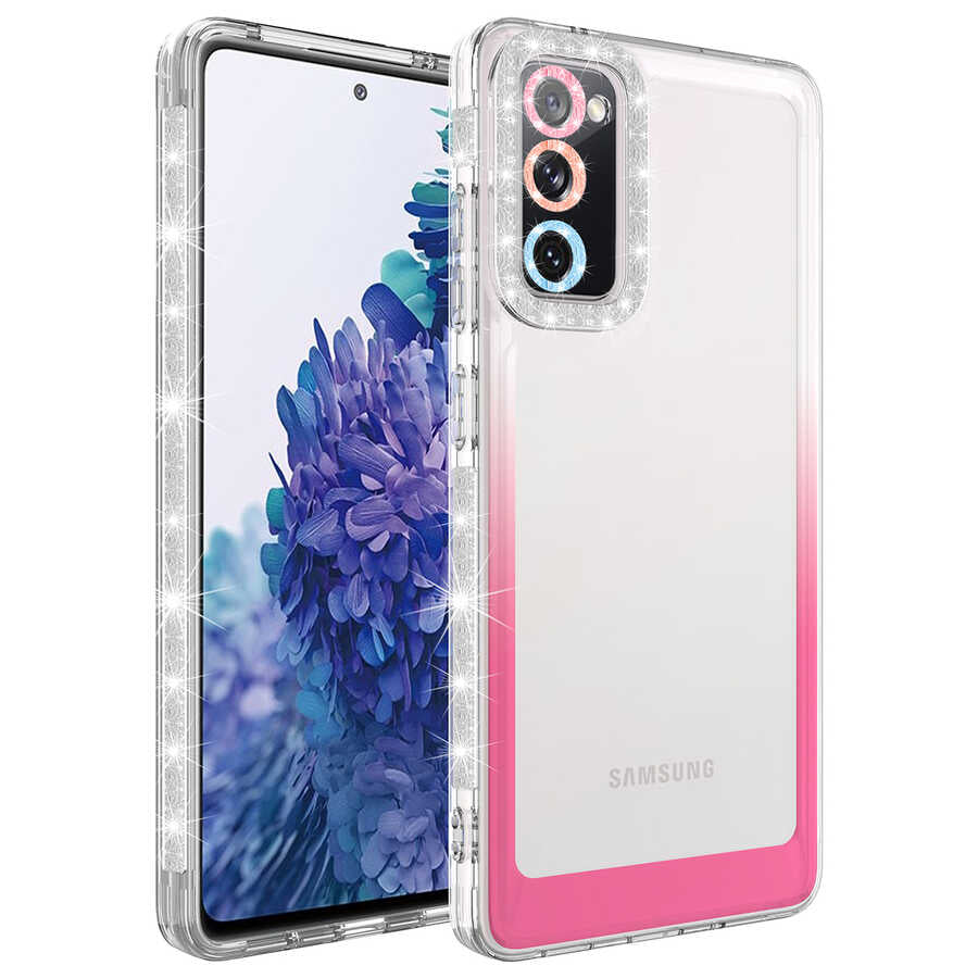 Galaxy S20 FE Kılıf Simli ve Renk Geçiş Tasarımlı Lens Korumalı Zore Park Kapak Beyaz-Pembe