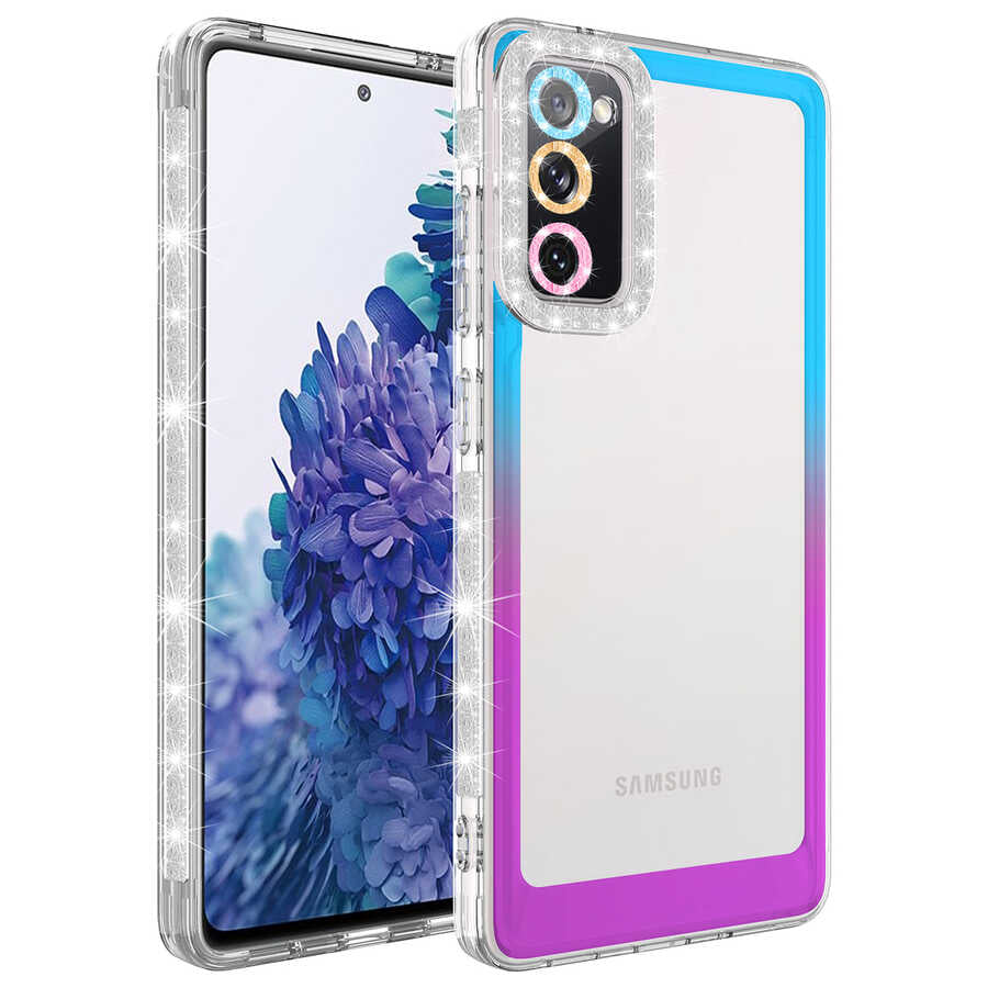 Galaxy S20 FE Kılıf Simli ve Renk Geçiş Tasarımlı Lens Korumalı Zore Park Kapak Mavi-Mor