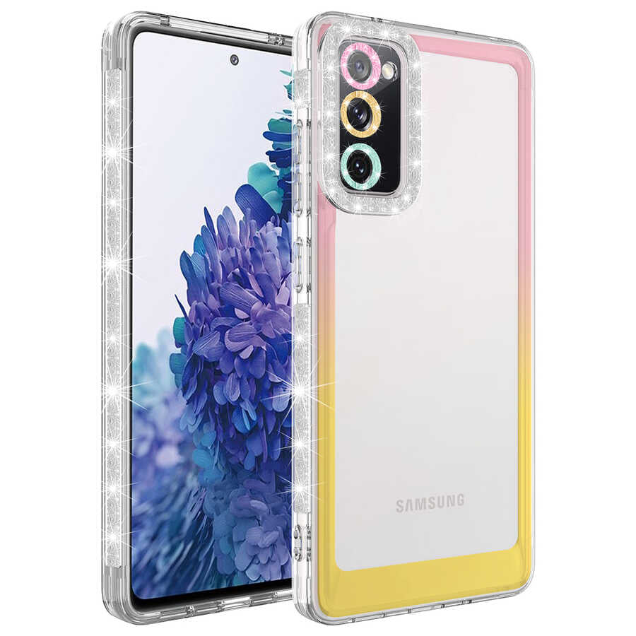 Galaxy S20 FE Kılıf Simli ve Renk Geçiş Tasarımlı Lens Korumalı Zore Park Kapak Pembe-Sarı