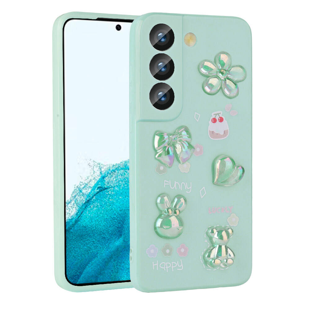 Galaxy S21 FE Kılıf Kabartma Figürlü Parlak Zore Toys Silikon Kapak Açık Yeşil