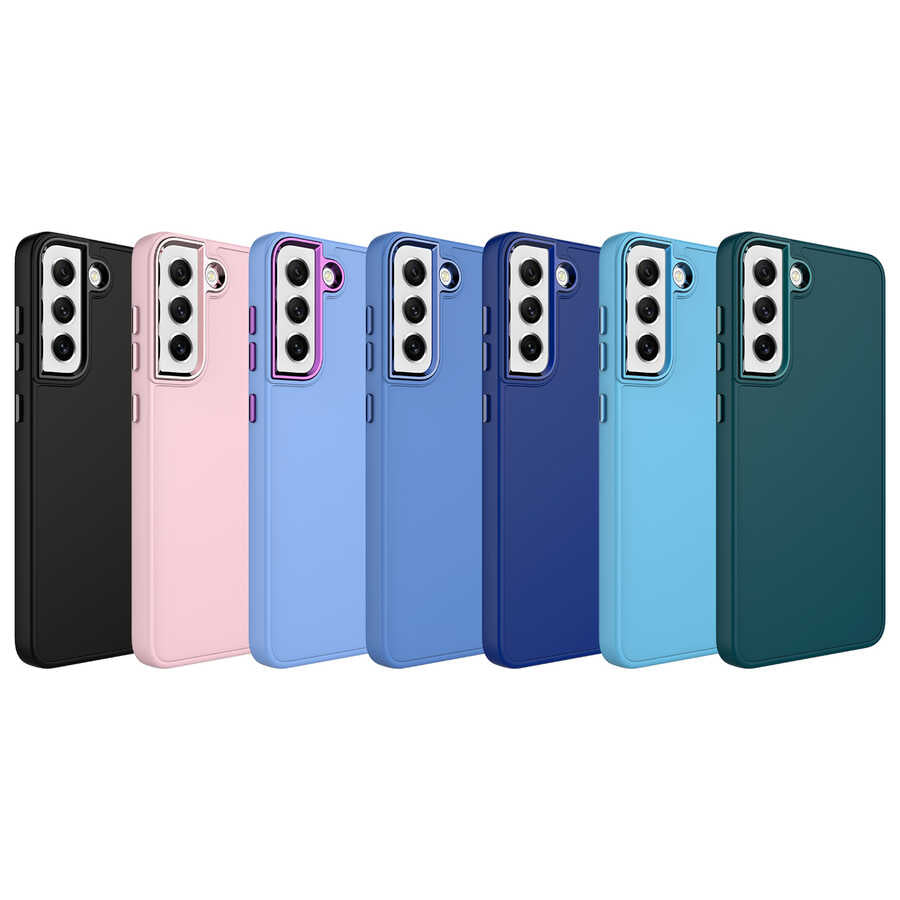 Galaxy S21 FE Kılıf Metal Çerçeve ve Buton Tasarımlı Silikon Zore Luna Kapak Lavendery Gray