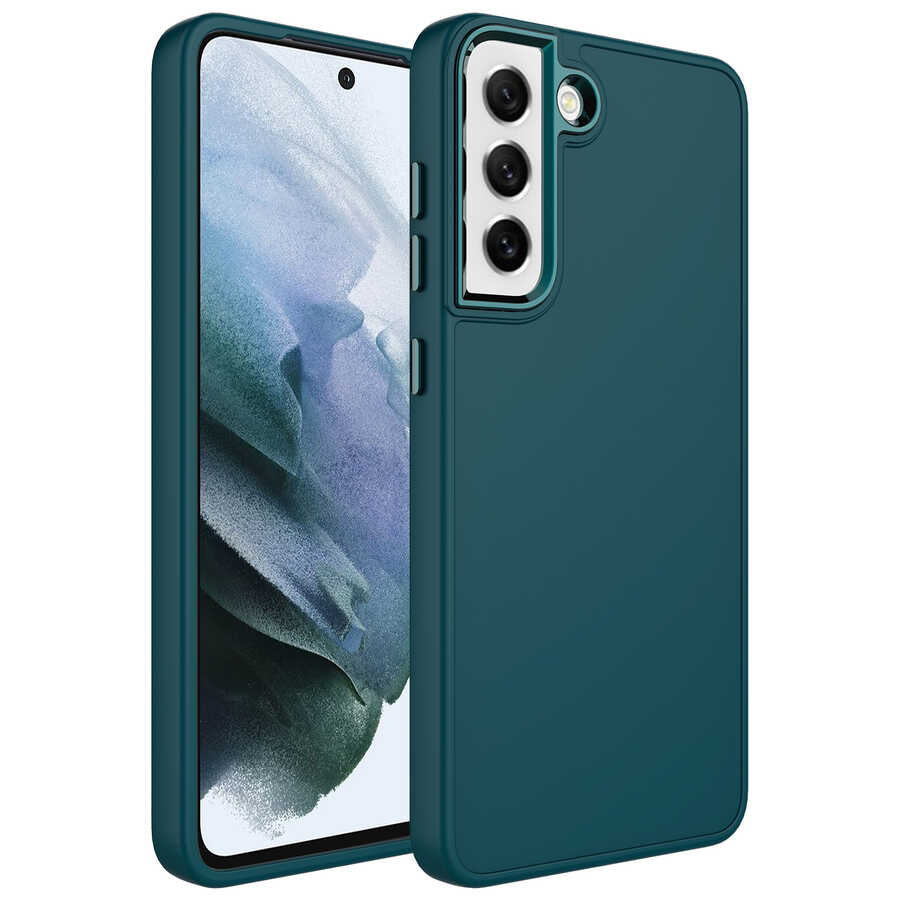 Galaxy S21 FE Kılıf Metal Çerçeve ve Buton Tasarımlı Silikon Zore Luna Kapak Koyu Yeşil