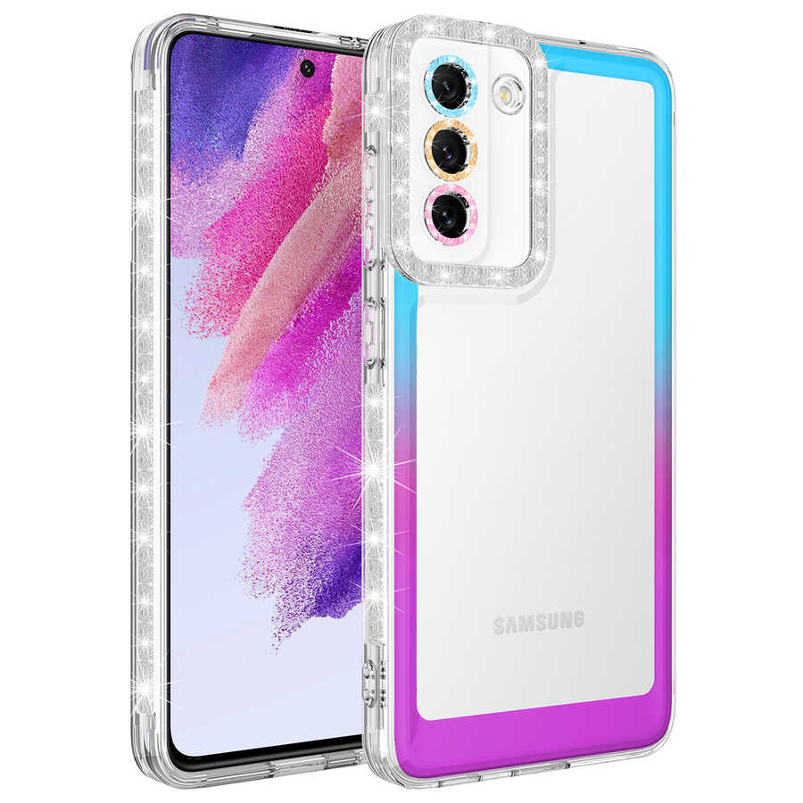 Galaxy S21 FE Kılıf Simli ve Renk Geçiş Tasarımlı Lens Korumalı Zore Park Kapak Mavi-Mor