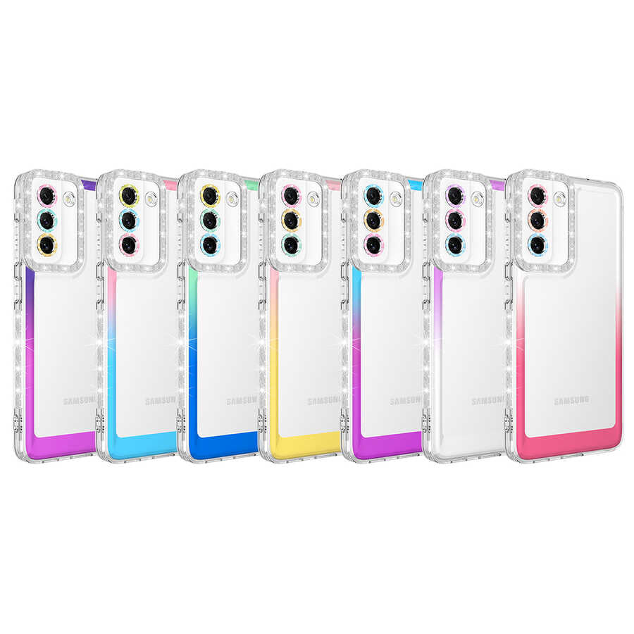 Galaxy S21 FE Kılıf Simli ve Renk Geçiş Tasarımlı Lens Korumalı Zore Park Kapak Pembe-Sarı