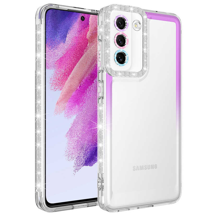 Galaxy S21 FE Kılıf Simli ve Renk Geçiş Tasarımlı Lens Korumalı Zore Park Kapak Mor-Beyaz