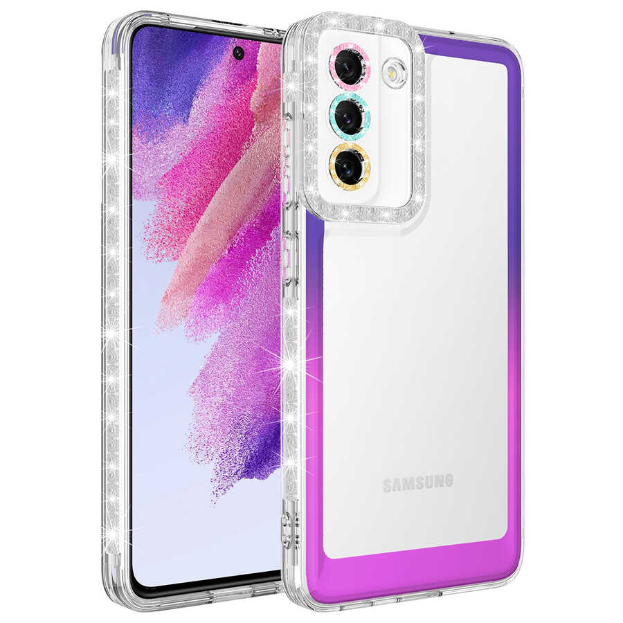 Galaxy S21 FE Kılıf Simli ve Renk Geçiş Tasarımlı Lens Korumalı Zore Park Kapak Mor-Pembe