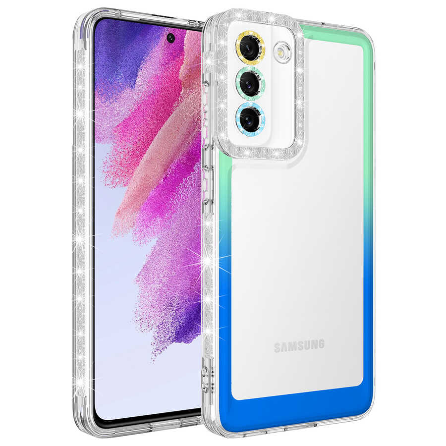 Galaxy S21 FE Kılıf Simli ve Renk Geçiş Tasarımlı Lens Korumalı Zore Park Kapak Yeşil-Mavi
