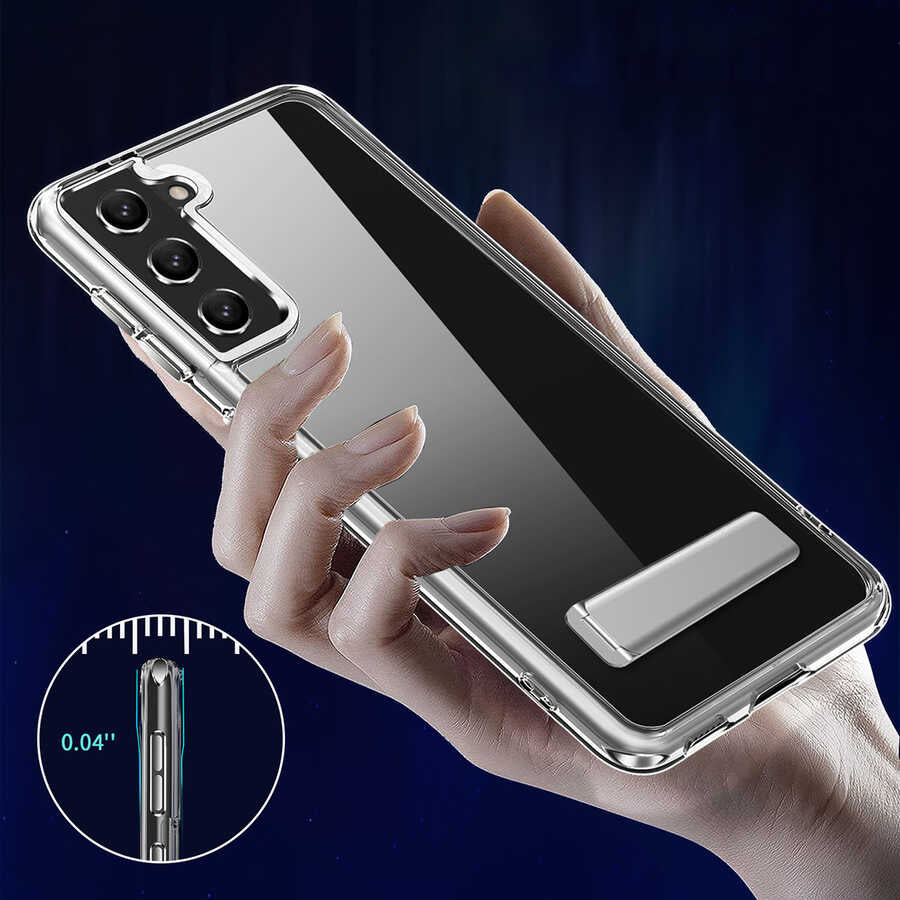 Galaxy S21 FE Kılıf Standlı Şeffaf Silikon Zore L-Stand Kapak Renksiz
