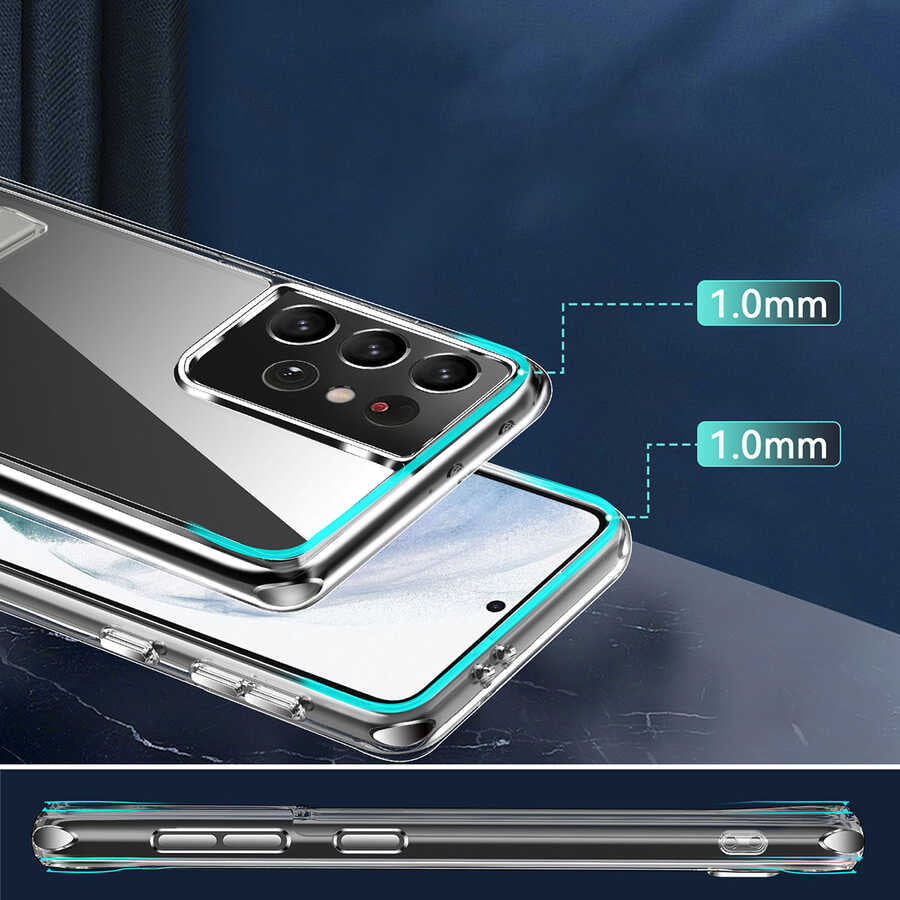 Galaxy S21 Ultra Kılıf Standlı Şeffaf Silikon Zore L-Stand Kapak Renksiz