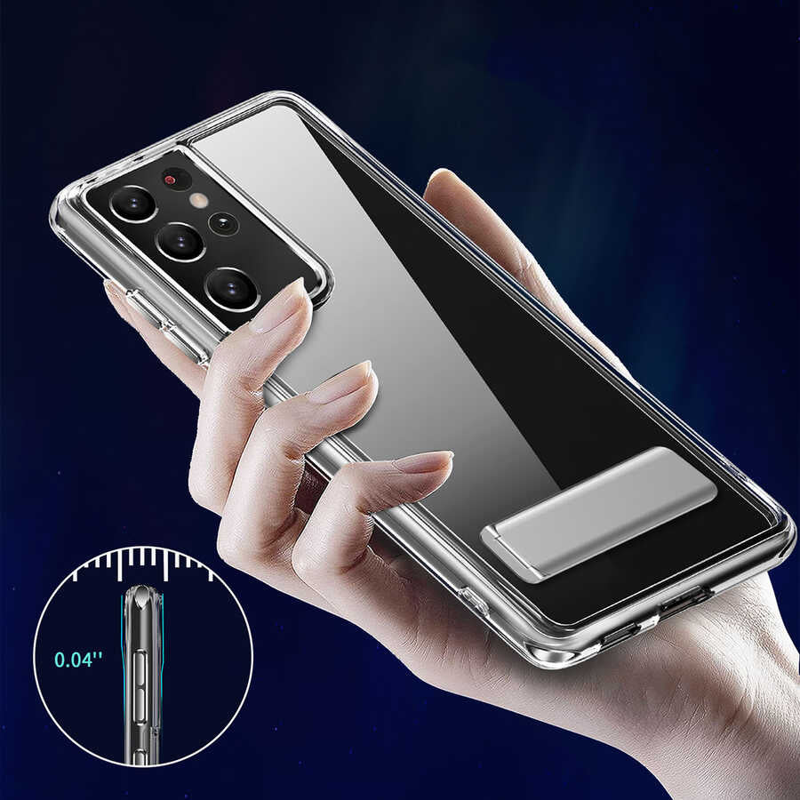 Galaxy S21 Ultra Kılıf Standlı Şeffaf Silikon Zore L-Stand Kapak Renksiz