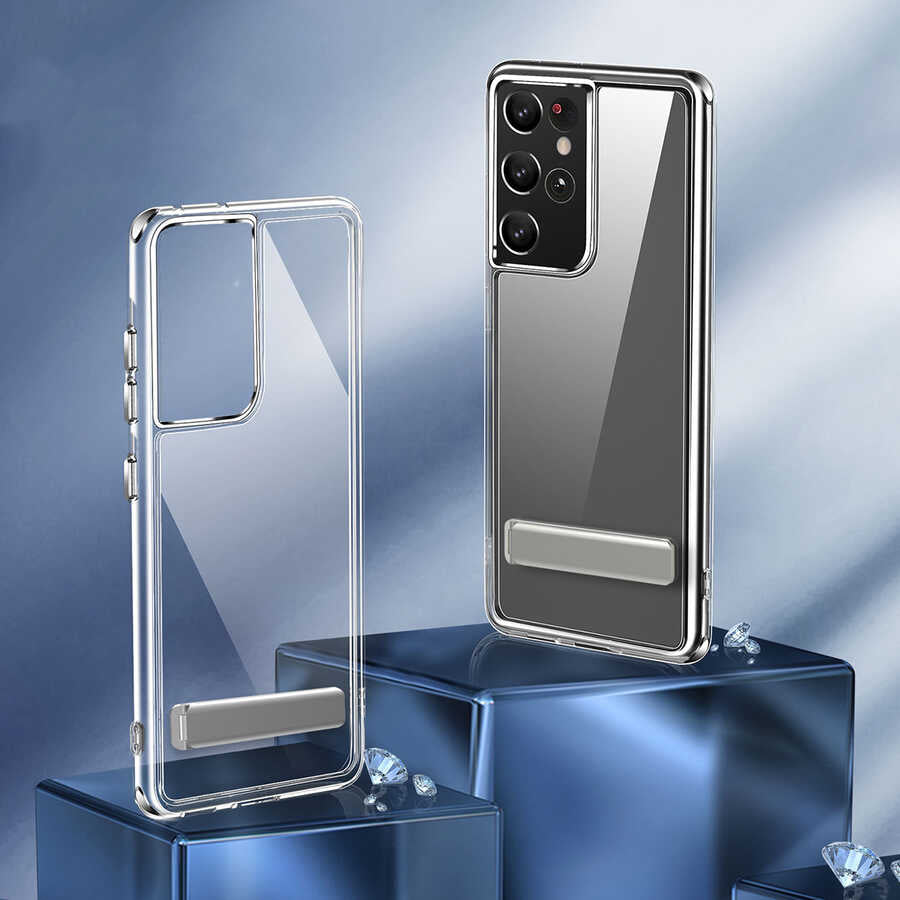 Galaxy S21 Ultra Kılıf Standlı Şeffaf Silikon Zore L-Stand Kapak Renksiz