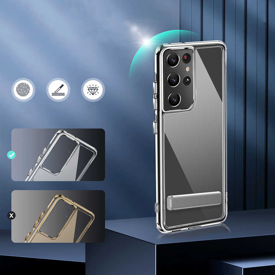 Galaxy S21 Ultra Kılıf Standlı Şeffaf Silikon Zore L-Stand Kapak Renksiz