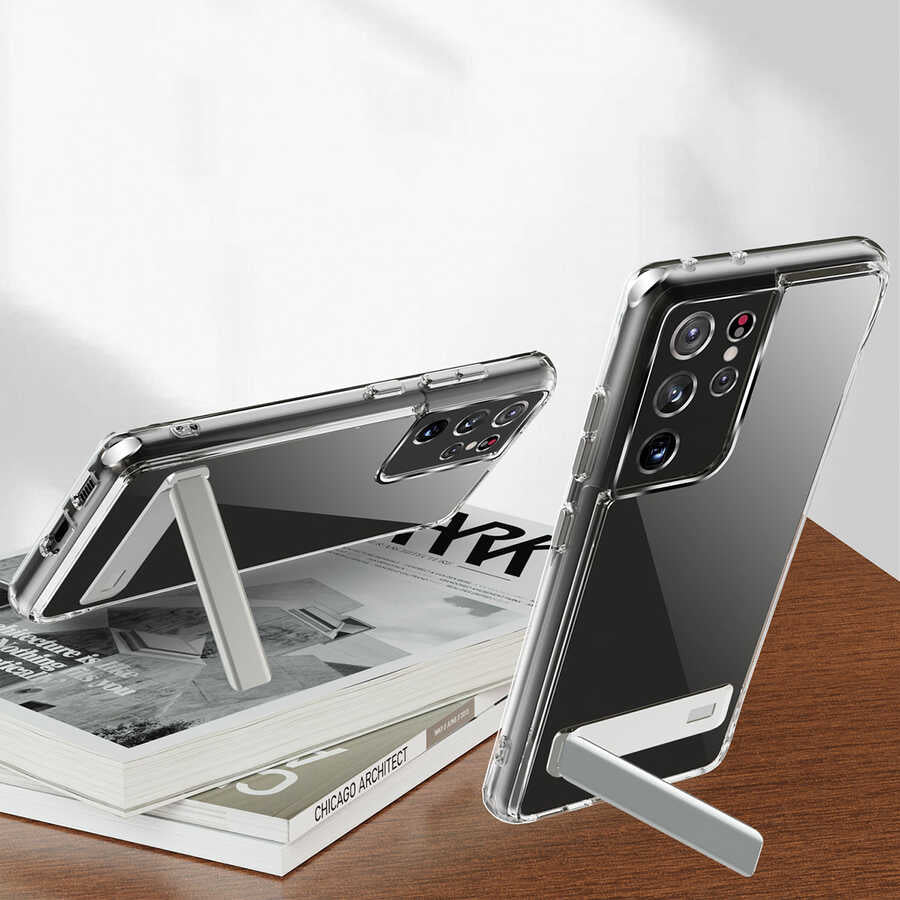 Galaxy S21 Ultra Kılıf Standlı Şeffaf Silikon Zore L-Stand Kapak Renksiz