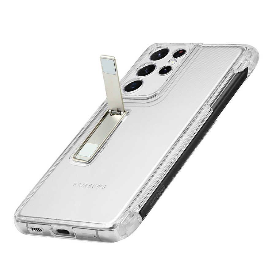 Galaxy S21 Ultra Kılıf Zore Kalem Bölmeli Standlı Süper Silikon Kapak Siyah