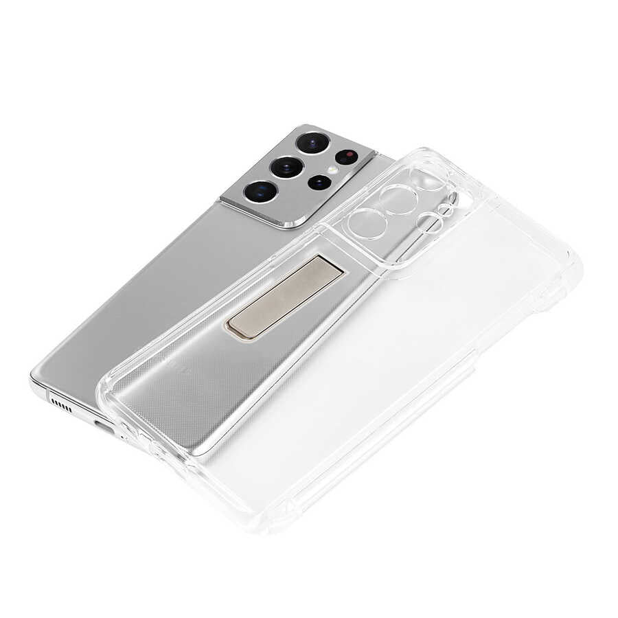 Galaxy S21 Ultra Kılıf Zore Kalem Bölmeli Standlı Süper Silikon Kapak Renksiz
