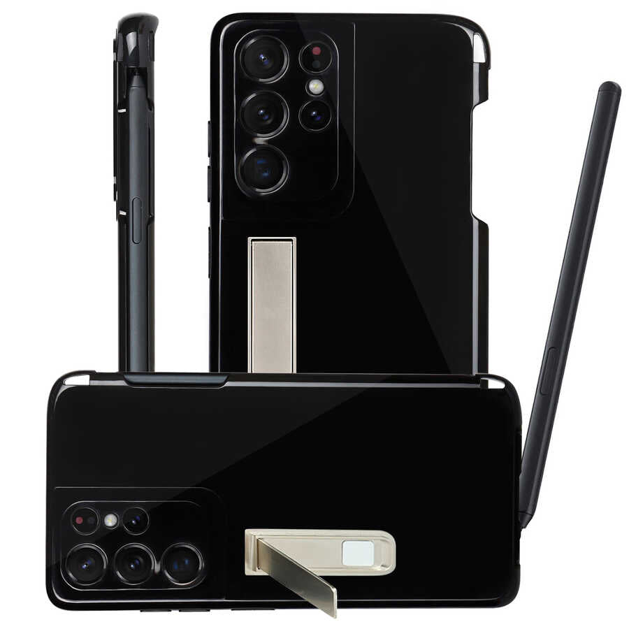 Galaxy S21 Ultra Kılıf Zore Kalem Bölmeli Standlı Süper Silikon Kapak Renksiz
