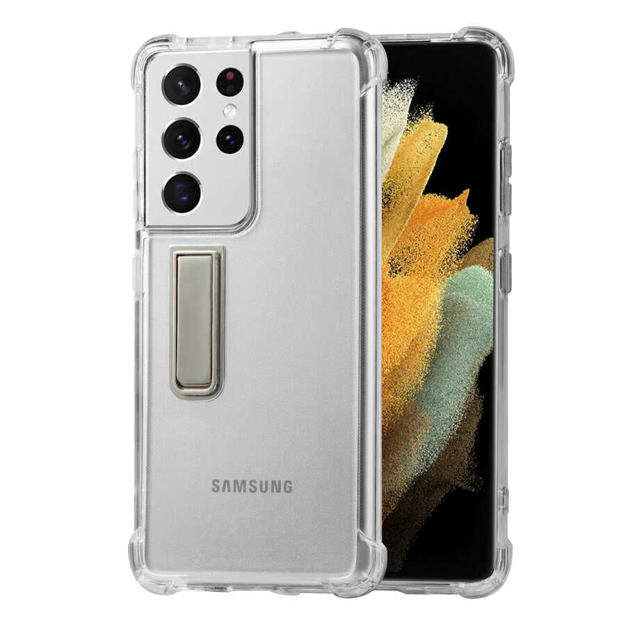Galaxy S21 Ultra Kılıf Zore Standlı Süper Silikon Kapak Renksiz