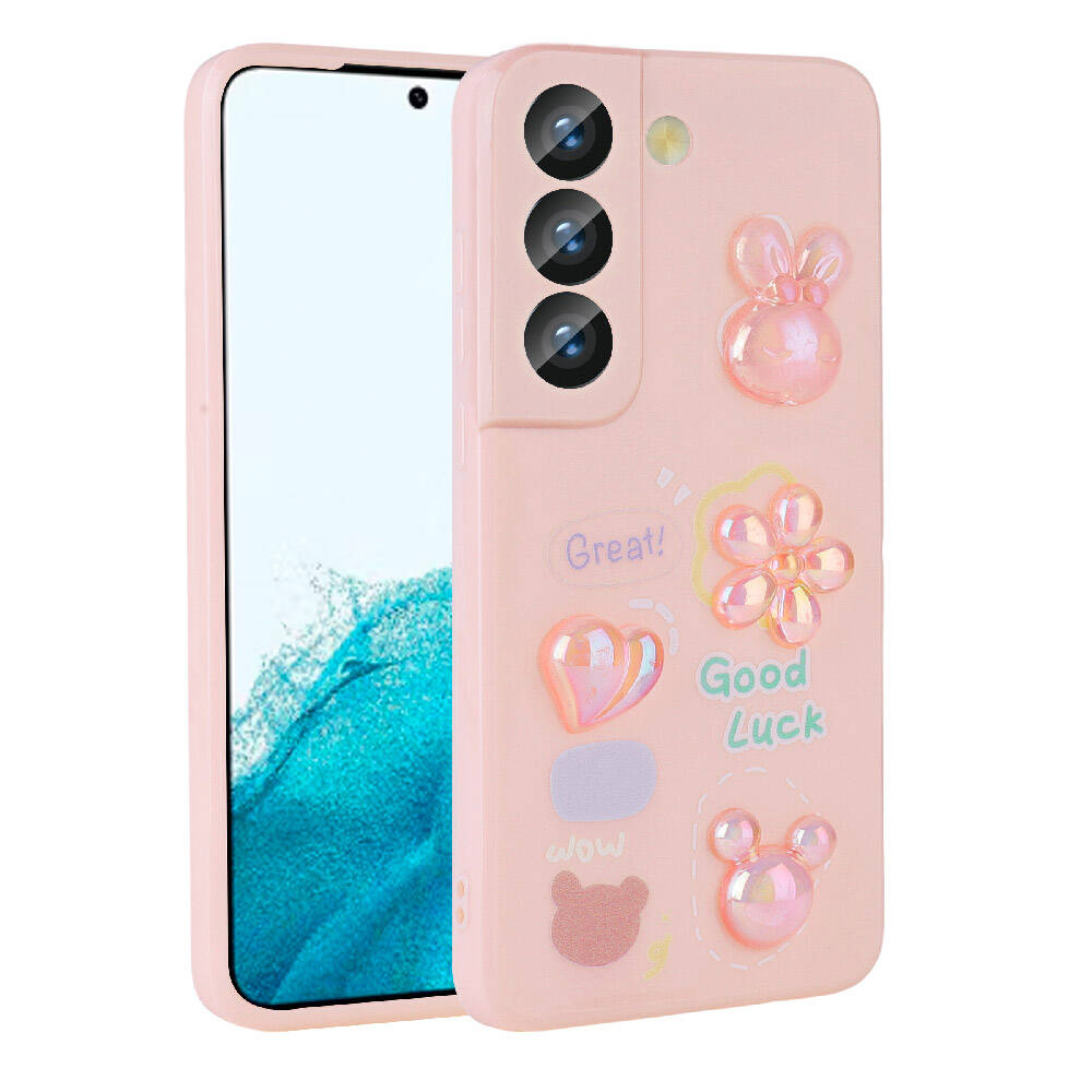 Galaxy S22 Kılıf Kabartma Figürlü Parlak Zore Toys Silikon Kapak Pembe