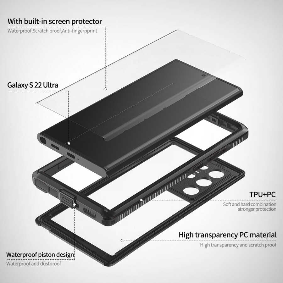 Galaxy S22 Ultra Kılıf 1-1 Su Geçirmez Kılıf Siyah