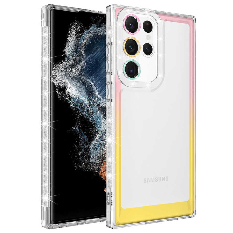 Galaxy S22 Ultra Kılıf Simli ve Renk Geçiş Tasarımlı Lens Korumalı Zore Park Kapak Pembe-Sarı