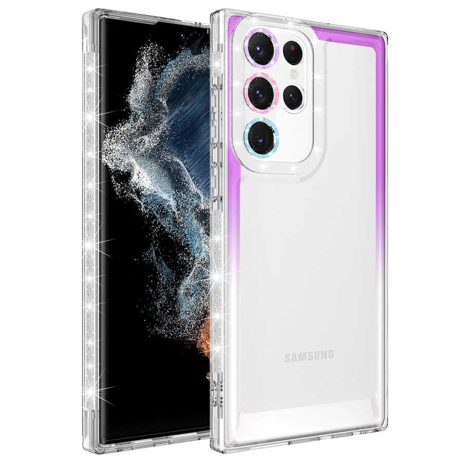 Galaxy S22 Ultra Kılıf Simli ve Renk Geçiş Tasarımlı Lens Korumalı Zore Park Kapak Mor-Beyaz