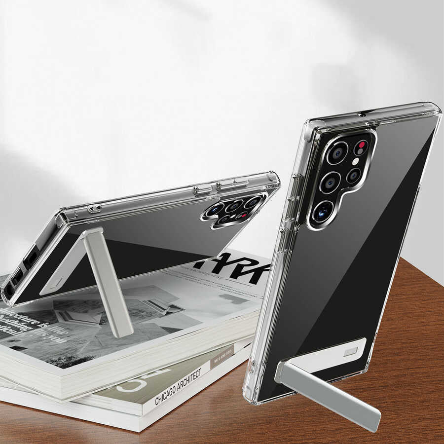 Galaxy S22 Ultra Kılıf Standlı Şeffaf Silikon Zore L-Stand Kapak Renksiz