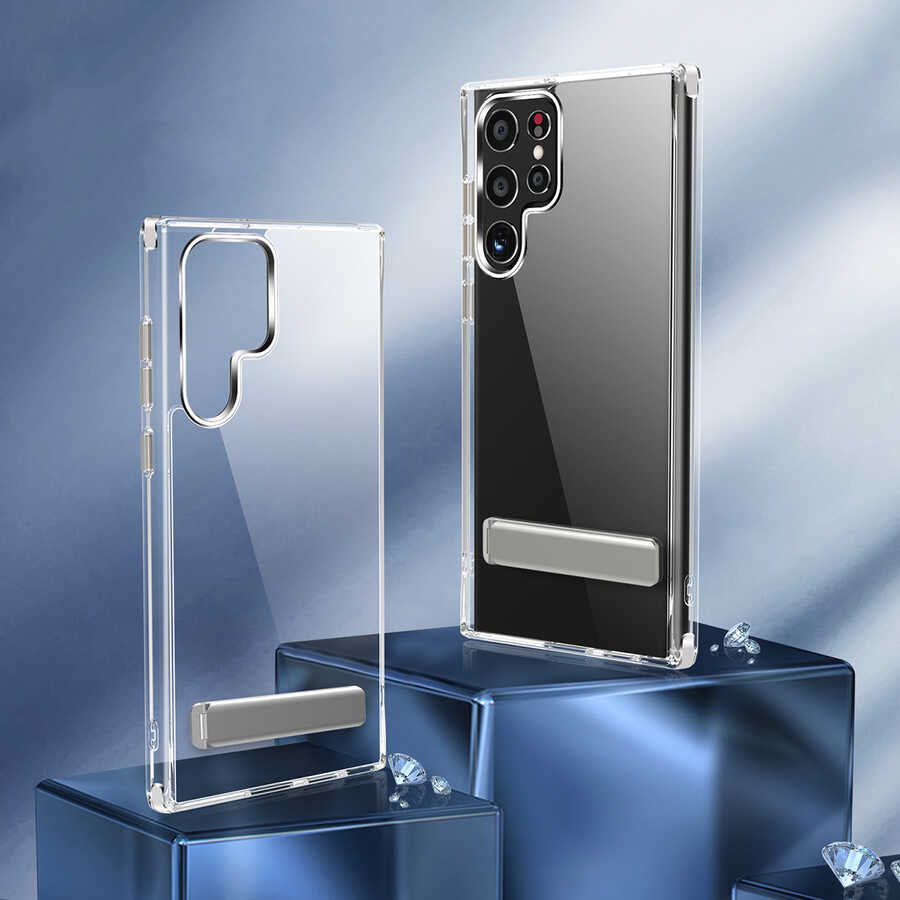 Galaxy S22 Ultra Kılıf Standlı Şeffaf Silikon Zore L-Stand Kapak Renksiz