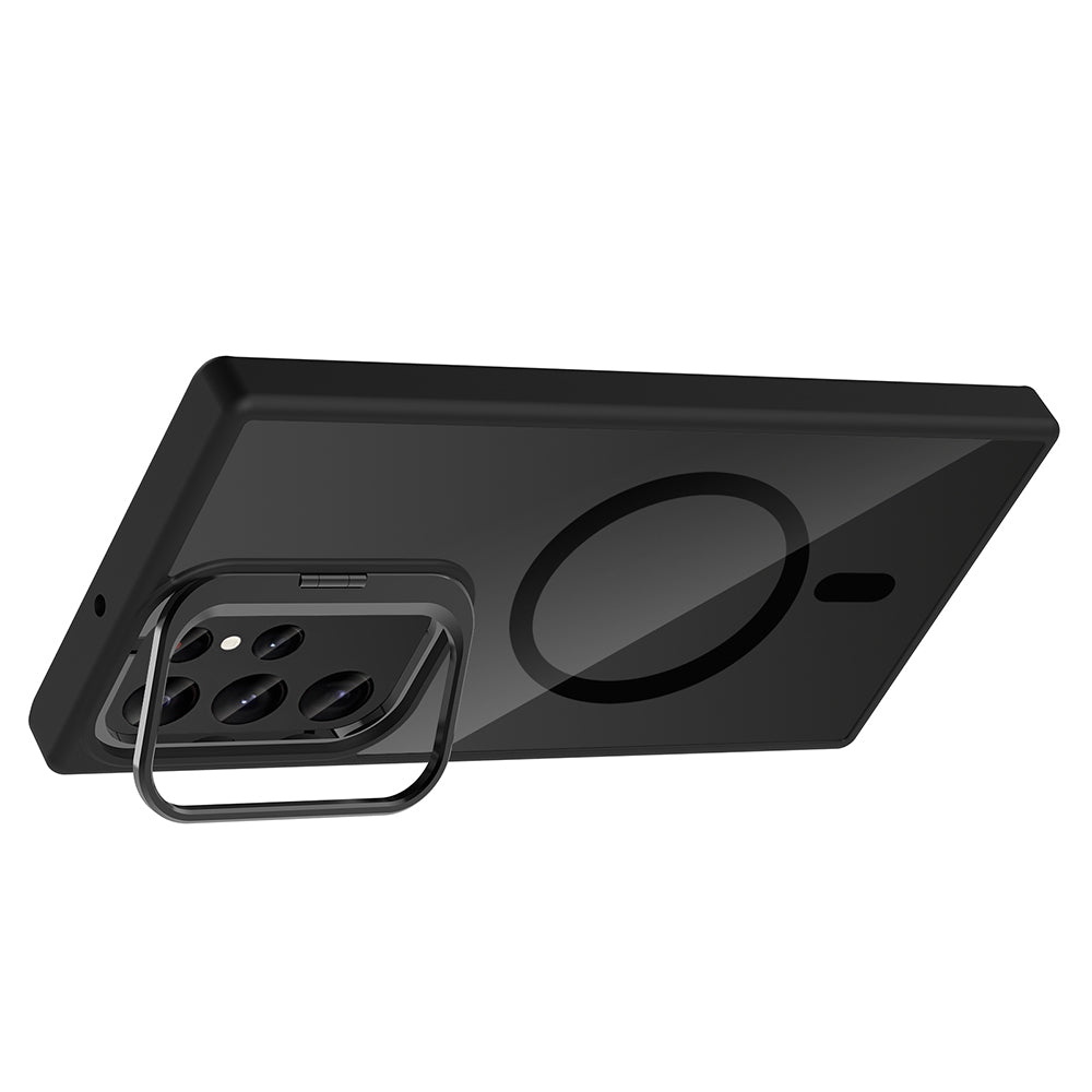 Galaxy S22 Ultra Kılıf Standlı ve Kamera Lens Hediyeli M-Safe Şarj Özellikli Zore Etro Kapak Gri