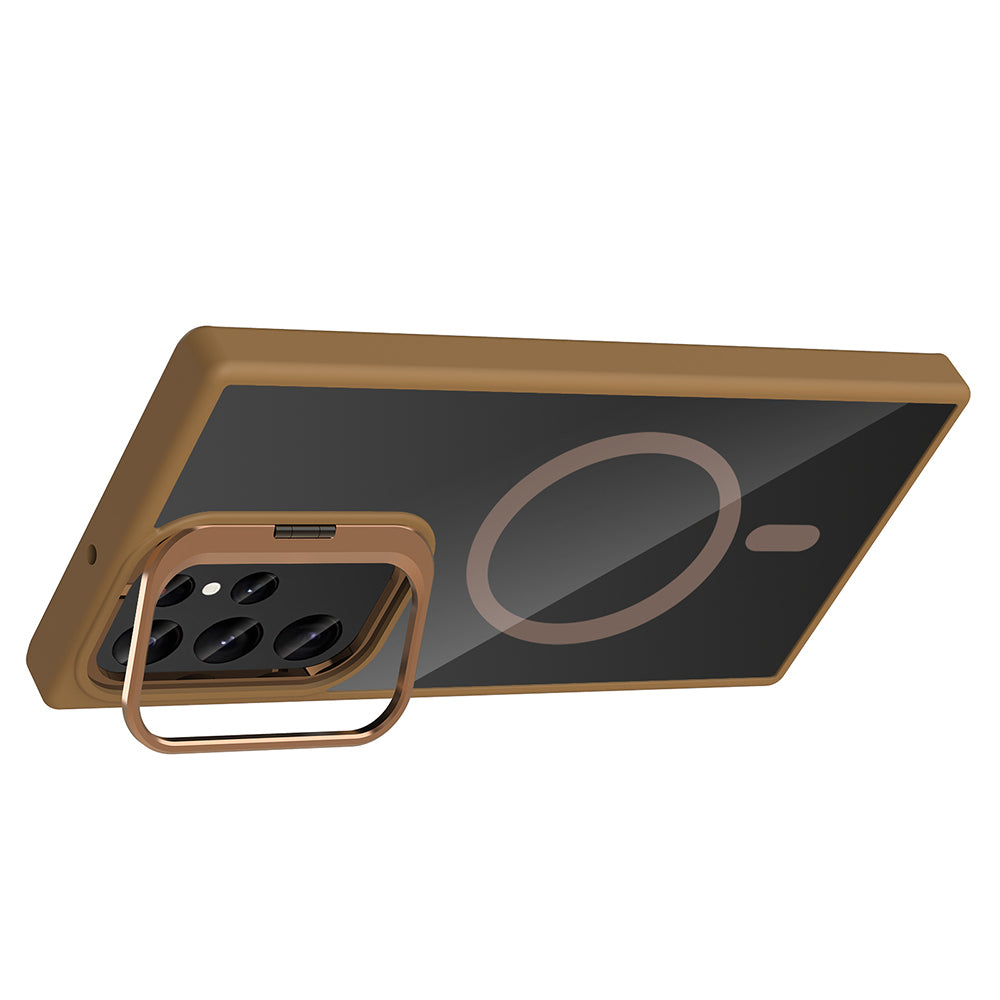 Galaxy S22 Ultra Kılıf Standlı ve Kamera Lens Hediyeli M-Safe Şarj Özellikli Zore Etro Kapak Gri